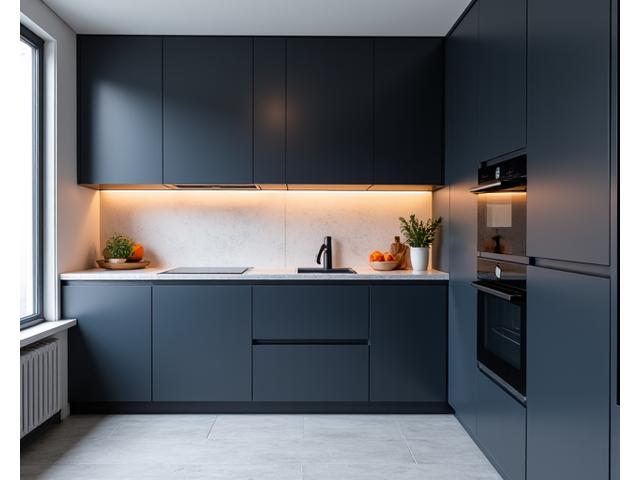 Modern kitchen with custom dark wood cabinetry, integrated appliances, and light countertops, designed for apartment efficiency.